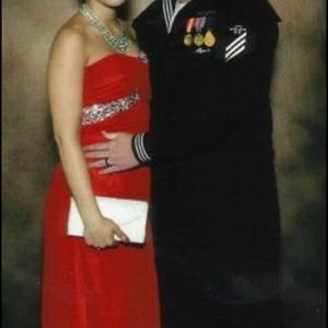 Red, strapless formal dress